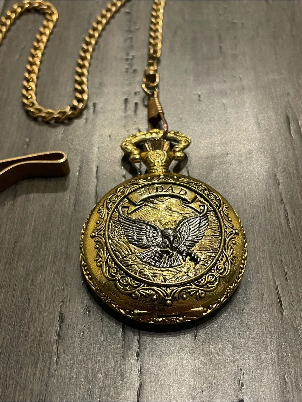 Milan Quartz Pocket Watch Hunter Eagle “DAD” Ornate Gold Tone w/ Chain